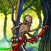 Pixel art of a skeletal figure holding a red curved blade in a forest setting with trees and green foliage.
