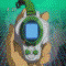 Animated sequence showing a character with blue hair holding a green and white device, transitioning through various poses including raising arms, covering eyes, and activating the device.