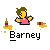 Animated contact sheet of a pixel art character named Barney with multiple frames showing motion and text changes.