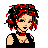 Pixel art contact sheet showing a gothic-style female character with red hair across multiple frames including full-body, torso close-up, and text elements.