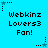 Pixelated blue background with repeated text "Webkinz Lovers3 Fan!" and star-shaped icons in black, light blue, and dark gray.