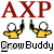 Red 'AXP' text above two yellow-shirted figures with raised arms, white circular heads, and black-and-yellow props against a gray background.