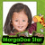 Pixelated image of a person with long dark hair wearing a maroon top, holding a yellow object against a green background with green text at the bottom.