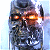 Pixelated figure with glowing orange eyes and a bright light effect on the right side, set against a light blue background.