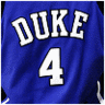 Static close-up of a blue sports jersey with white text and number.