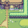Pixel art scene showing a house with arched windows, flower beds, and a winding path surrounded by greenery.
