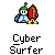 Animated pixel art contact sheet showing a Cyber Surfer character in multiple states across 12 frames with binary code background and text labels.