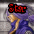 Pixelated character with long purple hair and blue clothing, shown in two side-by-side poses against a gray background.