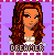Pixelated icon of a person with long brown hair wearing a white top, standing against a purple background with pink border squares.