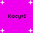 A static image with a bright pink background featuring white plus signs and four instances of the text 'Kacy=]' in black pixelated font.