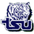 Pixelated blue and white icon featuring a tiger head above stylized 'TSU' letters with white outlines and dark blue fill.