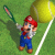 Mario in red cap and blue overalls holds a tennis racket on grass court with large yellow ball, text "Tennis" repeated three times in varying colors.