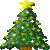 Four static frames of a pixelated Christmas tree icon with yellow star, green foliage, and white ornaments on gray background.