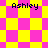 Four identical pixelated images of a yellow and pink checkered pattern with the text 'Ashley' in black at each corner.