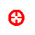 Six red pixelated circular icons with crosshairs on gray background, each showing different arm lengths and central circle sizes.