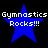 Blue star-shaped icon with white pixelated text "Gymnastics Rocks!!!" on black background, displayed in four identical positions