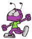 Purple cartoon character with antennae, green shirt, purple pants, and white sneakers in four distinct poses on gray background.