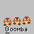 Pixel art animation featuring Mario and Goomba characters in various poses with text labels, a yellow sunburst graphic, and multiple repeated elements.