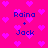 Pixelated pink background with scattered purple hearts and blue text reading "Raina + Jack" in four identical sections.