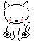 Pixel art cat with white fur, pink cheeks, black nose and eyes, sitting upright on gray background.