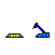 Pixelated blue and yellow mechanical figures on gray background with repeated text below each