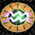 Static circular icon with a golden ring surrounding a central green and white symbol, featuring purple accents on the left and right sides against a black background.