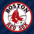 Circular Boston Red Sox logo with red text and a red sock logo on a white background, bordered by red and gray rings.