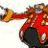 Animated character in red outfit with brown accents and yellow arm, extending right arm against white background.