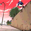 Animated sequence showing a character with blue hair and glasses peeking over a hill, followed by a green-skinned creature in a red dress emerging from the hill.