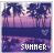 Pixelated summer scene with palm trees, purple-pink sky, and water reflection; text 'SUMMER' at bottom left.