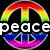 Rainbow peace symbol with 'peace' text above and 'Julia' below, surrounded by colorful dots on black background.