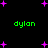 Black background with scattered purple plus signs and four instances of green text reading 'dylon' in pixelated font.