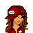Pixel art character with red outfit and brown hair, orange background with blue text, static image with no visible animation.