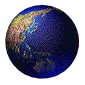 25 circular Earth globes showing different continental views with blue oceans and brown-green landmasses on a gray background