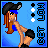 Pixel art contact sheet showing two animated frames of a cartoon woman in blue top and black shorts with long brown hair, blue headband, and black cowboy hat against light blue background.