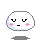 Pixelated white oval face with closed eyes, pink cheeks, and a small black mouth on gray background.