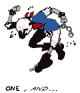Animated sequence of a cartoon character in blue shirt and black pants performing dynamic poses with text labels counting actions.