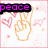 A pixelated icon with a peace sign, pink hearts, and the word 'peace' in purple text on top.