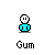 Pixelated character in cyan shirt with white head and pink mouth, performing actions like holding a pink balloon, raising arms, and interacting with blue objects against gray background.