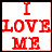 Static 48x48 pixel buddy icon with red text on white background reading "I LOVE MB" in bold blocky letters.