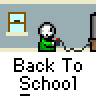 Animated contact sheet of 25 pixel-art frames showing a school-themed sequence with stick figures, desks, and chalkboards in a retro game style.