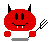 Red pixelated devil icon with black horns, two white teeth, and a pitchfork; left side shows static pose while right side has animated fork motion.