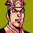 Pixelated character portrait with pink and black facial features against a solid green background, wearing a patterned headpiece and dark clothing.