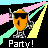 Pixelated orange character with black sunglasses and silver limbs, making a rock gesture against colorful striped backgrounds.