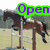 A horse and rider jump over a white fence in a grassy field with trees in the background, with text overlays reading 'Open', 'Skies', and 'Eventers' in purple letters on green backgrounds.