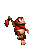 Pixelated monkey character in red overalls and white shoes performs sequential actions against gray background with small red objects.