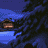 Animated sequence showing a character's face transitioning from profile to front view against a nighttime backdrop with trees and houses.