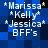 Blue pixelated background with white text listing names and 'BFF's' in four identical quadrants.