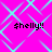 A static image with a bright pink background and light blue geometric patterns, featuring four instances of the text '$helly!!' in black pixelated font.