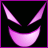 six pixelated showing a pink crescent-shaped mouth and two upward-pointing triangular eyes against a black background, with text labels above or below each